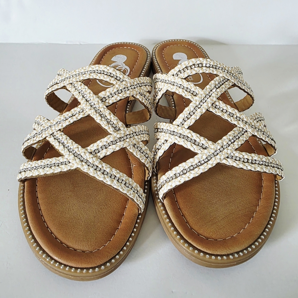 GC Shoes - Ladies Cream Rhinestone Braided Sandals 7.5M